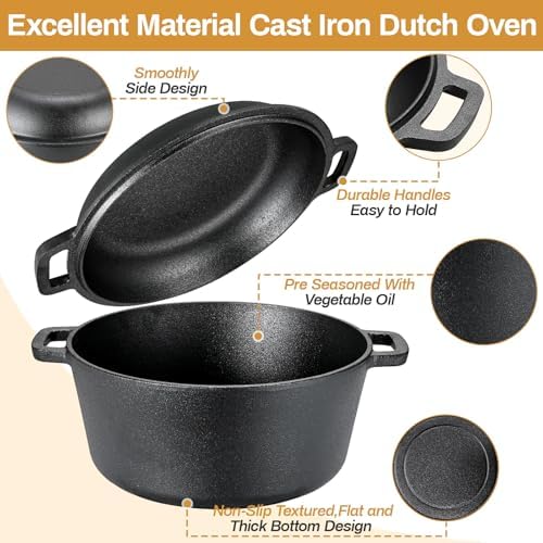 TLGREEN Cast Iron Dutch Oven 6.7QT Pot 2.5QT Skillet Lid Silicone Holders - Image 3