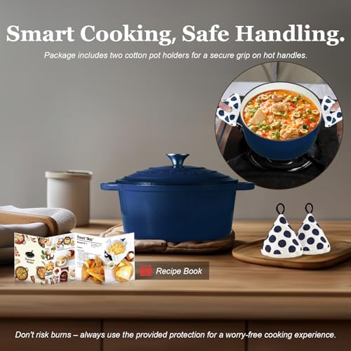 Overmont Enameled Cast Iron Dutch Oven - 7QT Pot with Lid Cookbook & Cotton Potholders - Heavy-Duty Cookware for Braising, Stews, Roasting, Bread Baking IndigoBlue - Image 7