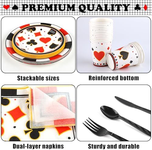 durony 350 Pieces Casino Print Party Tableware Set Including Casino Party Plates Cups Napkins Knives Forks Spoons Serves 50 for Poker Club Casino Theme Party Decorations - Image 4