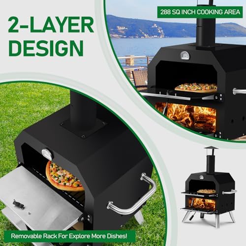 2‑Layer Outdoor Pizza Oven Wood Fired Pizza Maker with Stone and Removable Cooking Rack Portable Outside Oven for Camping Backyard BBQ Bakes 2 Pizzas at Once 17.3″x13.8″x32.3″ - Image 3