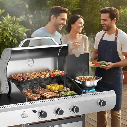 3-Burner Propane Gas Grill with Side Burner, 34,000 BTU Stainless Steel BBQ Grill – Heavy-Duty Porcelain-Enameled Grates for Patio and Outdoor Cooking - Image 5