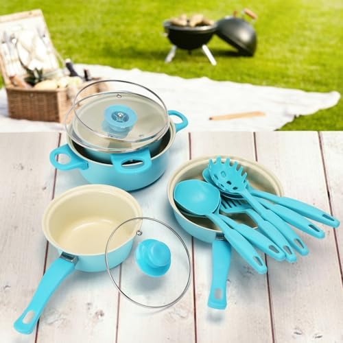 Non-Stick Cookware Set, Portable Lightweight Cast Iron Pots and Pans with Glass Lids and Nylon Utensils - 13 Piece Set, Outdoor Camping Picnic Travel（Blue） - Image 3