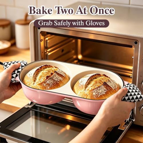 Umite Chef Dutch Oven for Sourdough Bread Baking – Enamelled Cast Iron Bread Loaf Pot – 500°F Oven Safe– Double Round Loaf Space, 16.5“ Diameter, 5" Banneton Proofing Baskets & Cotton Potholders(Pink) - Image 7