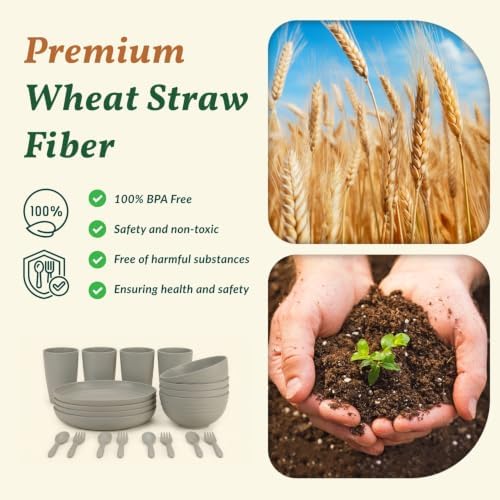 Homienly Wheat Straw Dinnerware Sets 20 PCS Unbreakable Plates and Bowls Sets Microwave Safe Camping Dish Set Kids Dinnerware Set, Kitchen, Apartment, Party, RV, Picnic, Dorm-Grey - Image 3