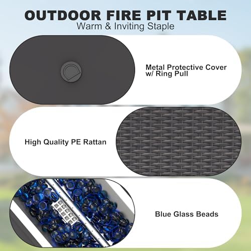 Patio Furniture Set with Fire Pit Table, 6PCS Outdoor Conversation Sets Waterproof Rattan Sectional Sofa with 4” Thickened Cushion Modular Wicker Patio Furniture Set with Glass Top Table (Grey) - Image 5