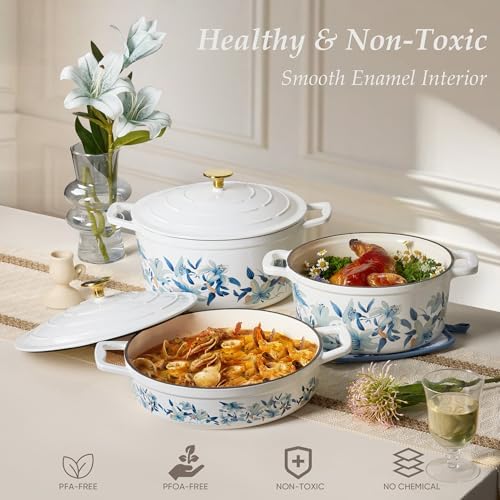 CAROTE 7QT Enameled Cast Iron Dutch Oven Pot with Lid, White & Blue - Image 6