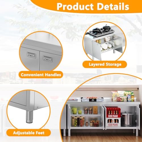WWK 59" x 21" Stainless Steel Prep Table with Cabinet, Commercial Kitchen Table for Prep & Work, Heavy Duty Work Table with 4 Doors for Kitchen, Restaurant, Hotel, Garage and Cafe - Image 7