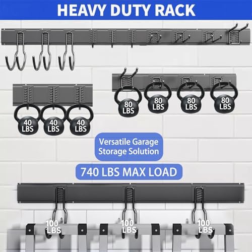 Garage Tool Organizer Wall Mount, 64 Inch Heavy Duty Garden Tool Organizer Storage System, Easy Install with 10 Adjustable Hooks, for Garage, Basement, Shed, Workshop, Black, Steel - Image 3