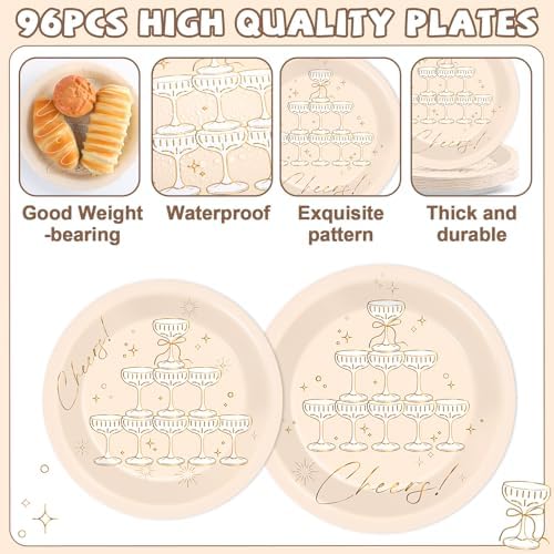 96PCS Champagne Tower Birthday Paper Plates Napkins Bachelorette Party Plates Cheers Champagne Gold Foil Disposable Dinnerware Tableware Sets for Wedding NYE Showers Supplies Decorations - Image 3
