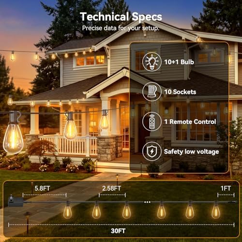30FT Outdoor String Lights with Remote, Waterproof Patio Lights with 10+1 Shatterproof LED Bulbs,Dimmable Hanging Decor for Backyard Garden Porch Bistro, Timer & 3 Modes,2200K Warm White - Image 5