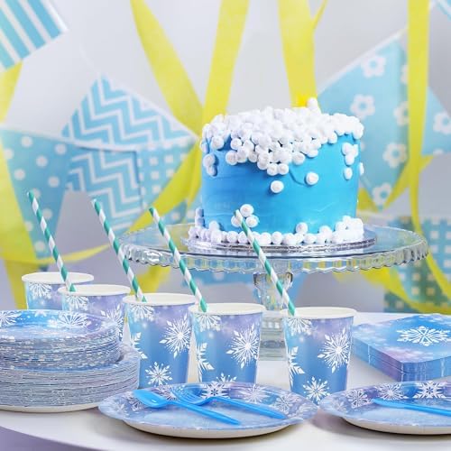 durony 350 Pcs Frozen Birthday Party Supplies Winter Snowflake Frozen Plates Napkins Cups Plastic Cutlery Frozen Party Disposable Tableware for Christmas Winter Wonderland Decorations Serve 50 Guests - Image 5