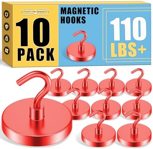 VNDUEEY Magnetic Hooks Heavy Duty, 110 Lbs Strong Magnets with Hook for Fridge, Super Neodymium Metal Hooks for Hanging, Magnet Hooks for Cruise, Grill, Toolbox, Coat and Storage (Red, Pack of 10) by VNDUEEY