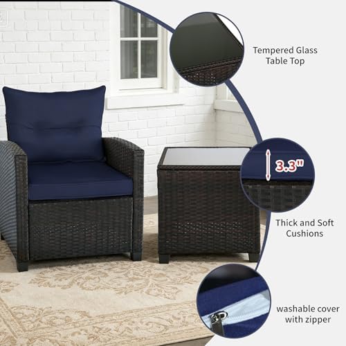 3 PCS Patio Wicker Conversation Set Sofa Table Dark Blue Cushion - Image 6
