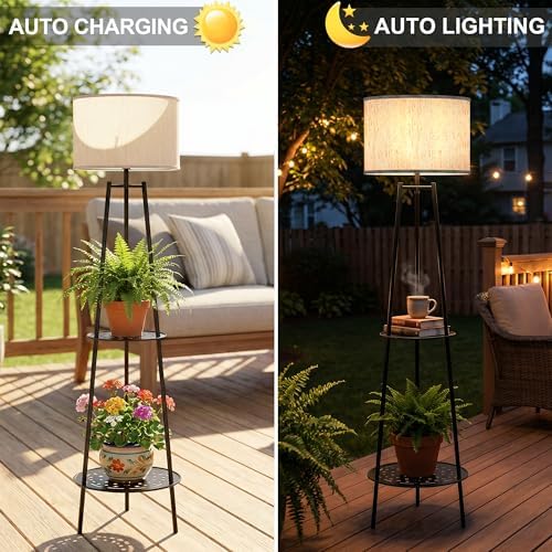 MXwcy 2Pack Solar Outdoor Floor Lamps with Plant Shelves, Waterproof Solar Standing Lamps for Patio Porch Garden Yard, Auto On/Off Warm LED Outdoor Floor Lights, Cordless 2-Tier Plant Stand Decor - Image 4
