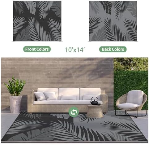 GENIMO Outdoor Rug, Waterproof Plastic Rugs 10'x14' for Camping Black Grey - Image 2