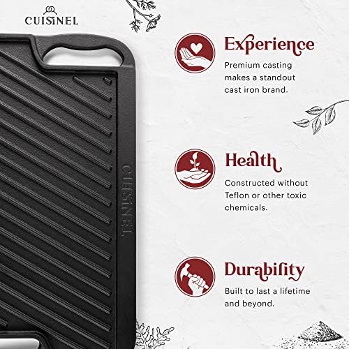 Cuisinel Cast Iron Griddle/Grill + Scraper/Cleaner - Reversible Pre-Seasoned 16.75" X 9.5"-inch Dual Handle Flat Skillet and Griller Pan - Works Indoor/Outdoor, Stove Burner, Gas, Fire - Image 3
