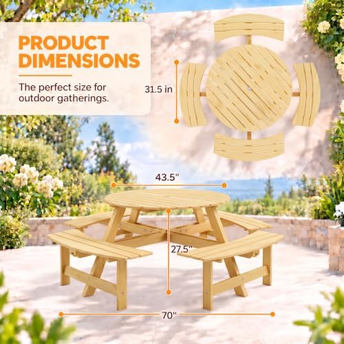 8 Person Wooden Picnic Table, Outdoor Round Picnic Table with 4 Built-in Benches, Umbrella Hole, Outside Table and Bench Set for Patio, Backyard, 500lbs Capacity Per Bench (Nature - 8 Person) - Image 2