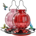 2 Pack Glass Hummingbird Feeder for Outdoors Hanging, Bird Nectar Feeder with Perch & 5 Flower Feeding Ports, 26 Oz Leak Proof for Outside Garden Decor Backyard, Gifts for Women Mom, Red + Pink by GreteGotye