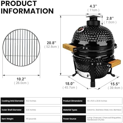 London Sunshine 13-Inch Ceramic Kamado Grill, Waterproof Vent Cap, Black - Image 3