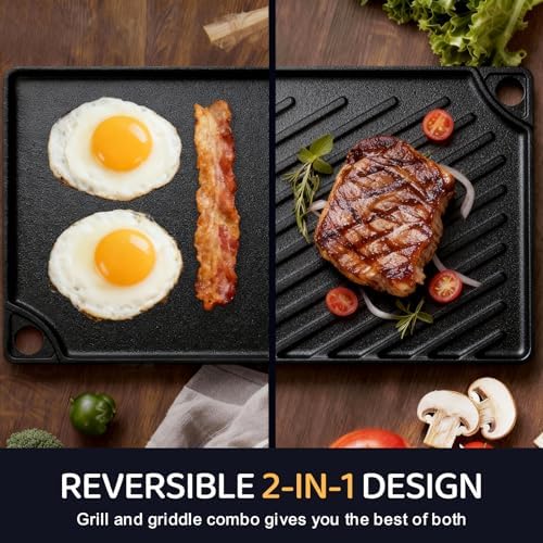 EWFEN Reversible Grill/Griddle, 16.7x9.5'' Pre-Seasoned Cast Iron Griddle Pan, Double Burner Cookware, Rectangular Stovetop Griddle with Handles, Flat Top Plate for Oven, Grill & Campfire - Image 5