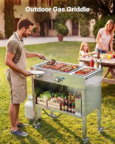 VEVOR Outdoor Propane Griddle, 2 Burners (11,600 BTU Each), Commercial Stainless Steel Gas Griddle Cart with 4 Lockable Wheels, 1/3 Food Pan, Easy-Grip Side Handle, Ideal for Hot Dogs, Burgers & Meats - Image 2