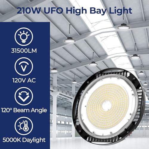 CINOTON 210W UFO LED High Bay Light, Aluminum LED Shop Lights with 31500LM, 5000K Commercial Bay Lighting for Warehouse Garage Workshop Factory, 6' Cable & Safety Rope, ETL Listed 4 Pack - Image 2