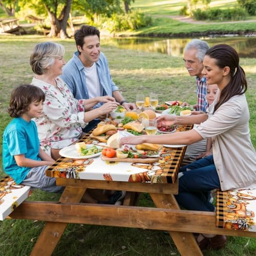 Fall Picnic Table Cover with Bench Covers, Camping Essentials, Thanksgiving Buffalo Plaid Floral Waterproof Windproof, Fitted Tablecloth Cover with Elastic Edge, Indoor & Outdoor, 3 PCS, 30x60 Inch - Image 4