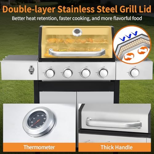 4 Burner Propane Gas Grill, 49,000 BTU Outdoor BBQ Grill with Cast Iron Grates & Griddle Combo, Large Cooking Area with Side Burner, Pullout Grease Tray, Portable for Backyard Patio - Image 3