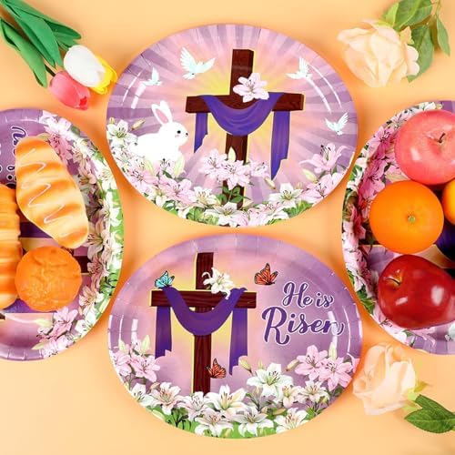 Qyeahkj 50 PCS He is Risen Oval Paper Plates Large 11” Disposable Jesus Cross Easter Party Decorations Spring Lily Floral Supplies Favor for Religion Christ Party Tableware Set - Image 4