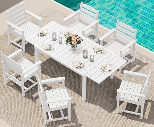 SERWALL 60" - 83" Expandable Outdoor Dining Table and 6 HDPE Chairs, White by SERWALL