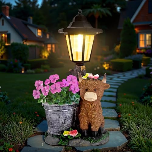Solar Highland Cow Outdoor Garden Statues with Flowerpot & Lantern Decor by YEPOTUE