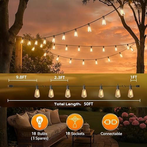 GPATIO Outdoor String Lights, 50FT ST38 Bulbs Shatterproof Patio Lights, Waterproof Dimmable Outside Hanging Light, Connectable LED Outdoor Lights for Backyard, Porch, Party, Garden, Home Decor - Image 6