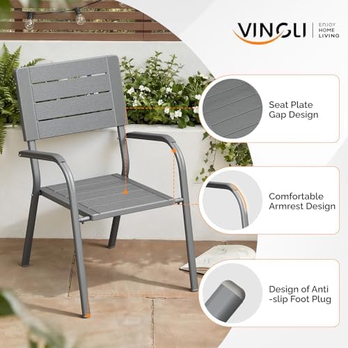VINGLI Outdoor Patio Dining Chairs, Stackable HDPE All-Weather Arm Chairs, Weatherproof Outdoor Seating for Garden, Backyard, Poolside, Balcony,Grey (4 Pack) - Image 4