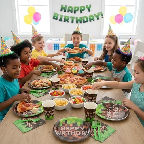 120Pcs Pixel Birthday Plates and Napkins,Pixel Theme Party Decorations,Includes 9&7inch Paper Plates Cups Napkins Forks Party Supplies for Video Game Pixel Party Decorations, Serve 24 - Image 6