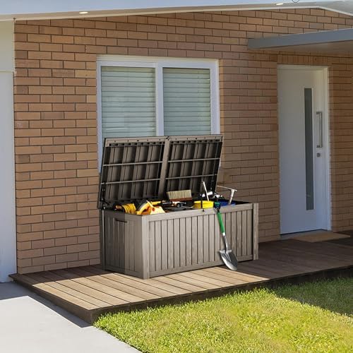 Outdoor Storage Box, 180 Gallon Waterproof Deck Box, Piston-Lift Tall Standing Cabinet for Oversized Cushions, Lockable Deep Tool Organizer Storage Bench, Large Lawn, Grey - Image 4