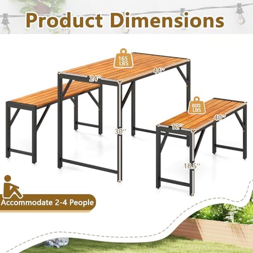 Tangkula 3-Pieces Patio Dining Set for 4 People, Outdoor Picnic Table & 2 Benches, 44" Acacia Wood Dining Table w/Metal Frame, Space-Saving Dinette Set for Garden Porch Poolside Yard Balcony - Image 7