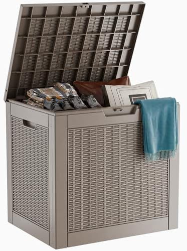 ROJIK Outdoor Storage Housing Deck Box - Waterproof Patio Furniture, Garden Tools, Cushions, Pool Accessories Storage Bench with Lockable Lid and Side Handles (Grey Rattan, 30 Gal) by ROJIK
