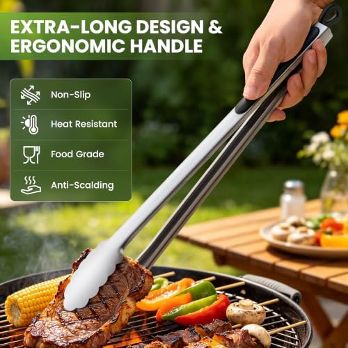 Grill Tongs, 12 & 17 Inch Long Stainless Steel BBQ Tongs (12"+17") - Image 2