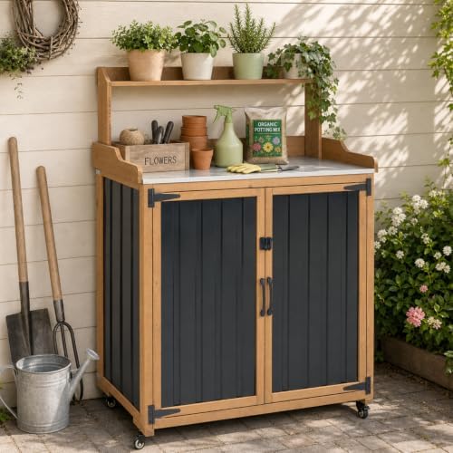 Potting Bench with Storage & Wheels, Mobile Outdoor Cabinet for Garden by PETSCOSSET