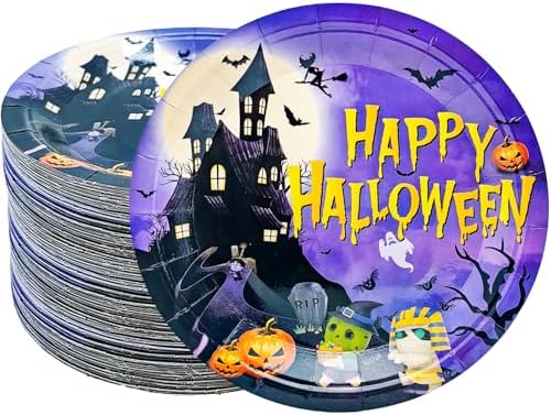 50Pcs Halloween Party Supplies Halloween Paper Plate 7Inch Pumpkin Plates Fall Pumpkin Monster Paper Plates for Haunted House Themed Black Orange Fall Birthday Party Decorations (Purple) by HSPAIDYP