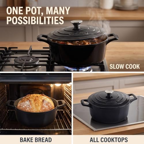 La Cuisine Enameled Cast Iron Dutch Oven Casserole Pot with Lid, Internal Matte Black Enamel Coating 5 QT 10.5" / 26cm Ø For GalssTop Stove, Oven-Safe 550°F/276°C Glossy Black - Image 5