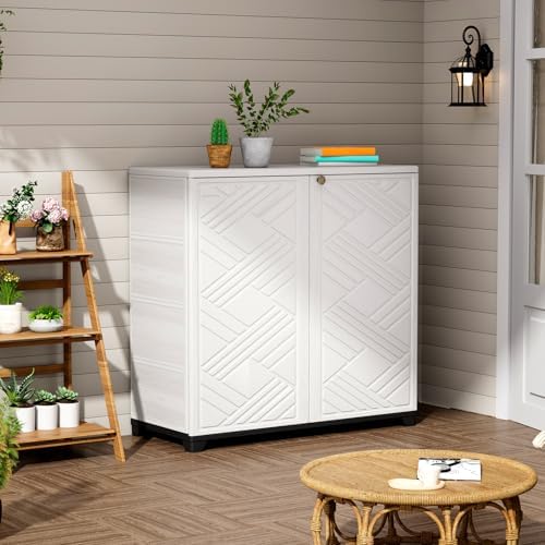 ZZM Indoor/Outdoor Storage Cabinet Waterproof, 34"x15"x34" Plastic Outdoor Storage Box for Garden Balcony Bathroom, All Weather Outdoor Storage Clearance, DIY Usage, with 2 Shelf (White) - Image 4
