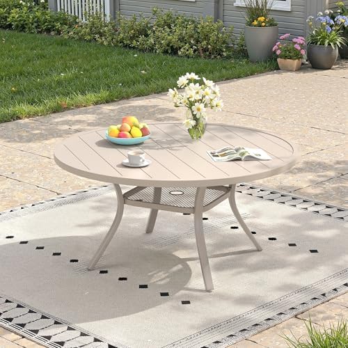 47.2" Patio Dining Table for 6, Round Outdoor Metal Dining Table with Umbrella Hole for Lawn Garden Backyard, Sandshell by ProvideOutdoorSolutions