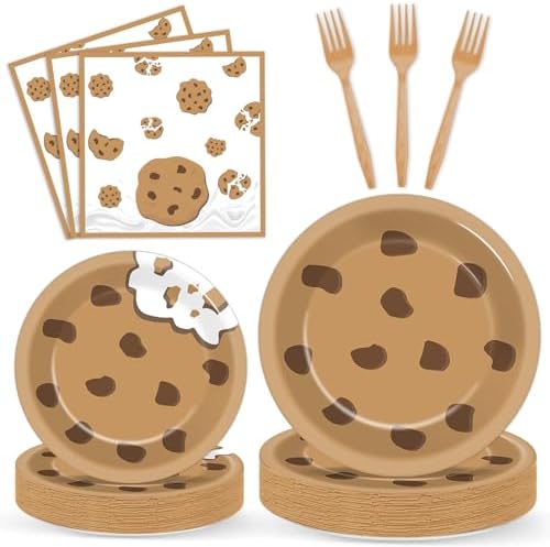 Naozinebi Milk and Cookies Birthday Party Plates Napkins Decorations Chocolate Chip Cookie Tableware Set Cookies Theme Disposable Plate Fork for Kids Boys Girls Birthday Baby Shower Supplies Serve 24 by Naozinebi