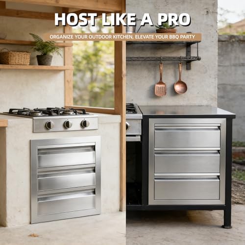 Outdoor Kitchen Drawers 18" x 20.5" x 20.5" Stainless Steel Triple Drawer Cabinet, Flush Mount Modular Storage for BBQ Islands & Patios - Image 6