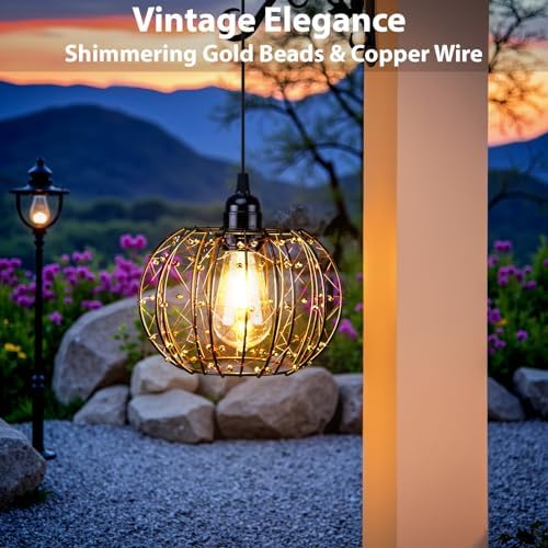 Battery Operated Hanging Chandelier Outdoor, Set of 2 with Remote, No Wiring, Boho Copper Wire Beaded Pendant Light, IP55 Weatherproof, Dimmable Timer, for Gazebo Pergola Porch Patio Decor - Image 3