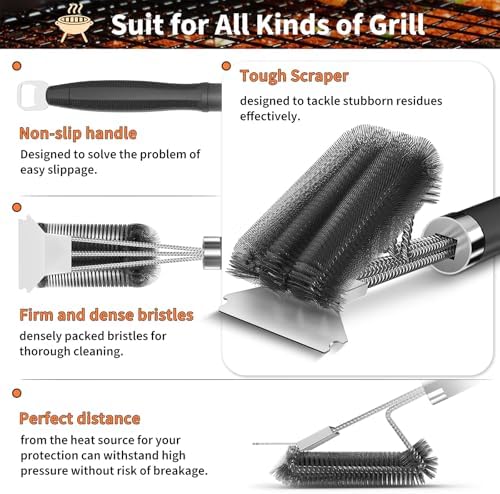 Grill Brush and Scraper-18 Adjustable Handle Safe BBQ Grill Brush for Outdoor Grill-Deep BBQ Clearning Brush wih Bottle Operner Extra Strong Grill Cleaner Accessories for Gas/Charcoal Grilling Grates - Image 4
