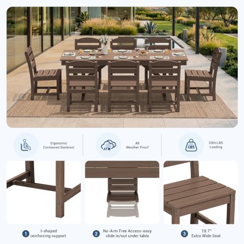 KINGYES Outdoor Dining Table,84'' HDPE Patio Table with Umbrella Hole,Brown - Image 4