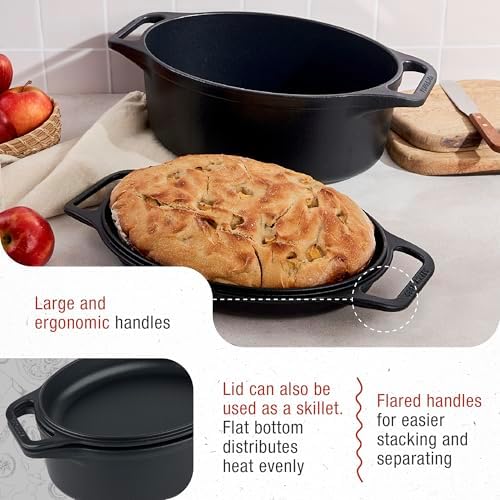 Victoria 6-Quart Cast Iron Oval Dutch Oven, Combination Combo Cooker Pot and Skillet, Bread Baker, Made in Colombia, 2-Piece Set - Image 4