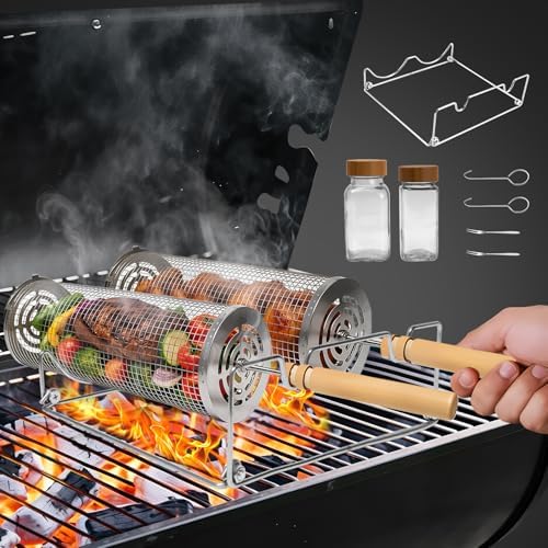 Rolling Grill Basket,Removable Wooden Handle with Condiment Bottle and Stand, 304 Stainless Steel,Nesting BBQ Tools, Smoker Grilling Accessories for Vegetable Shrimp, Birthday Gifts for Men Dad Husban - Image 2
